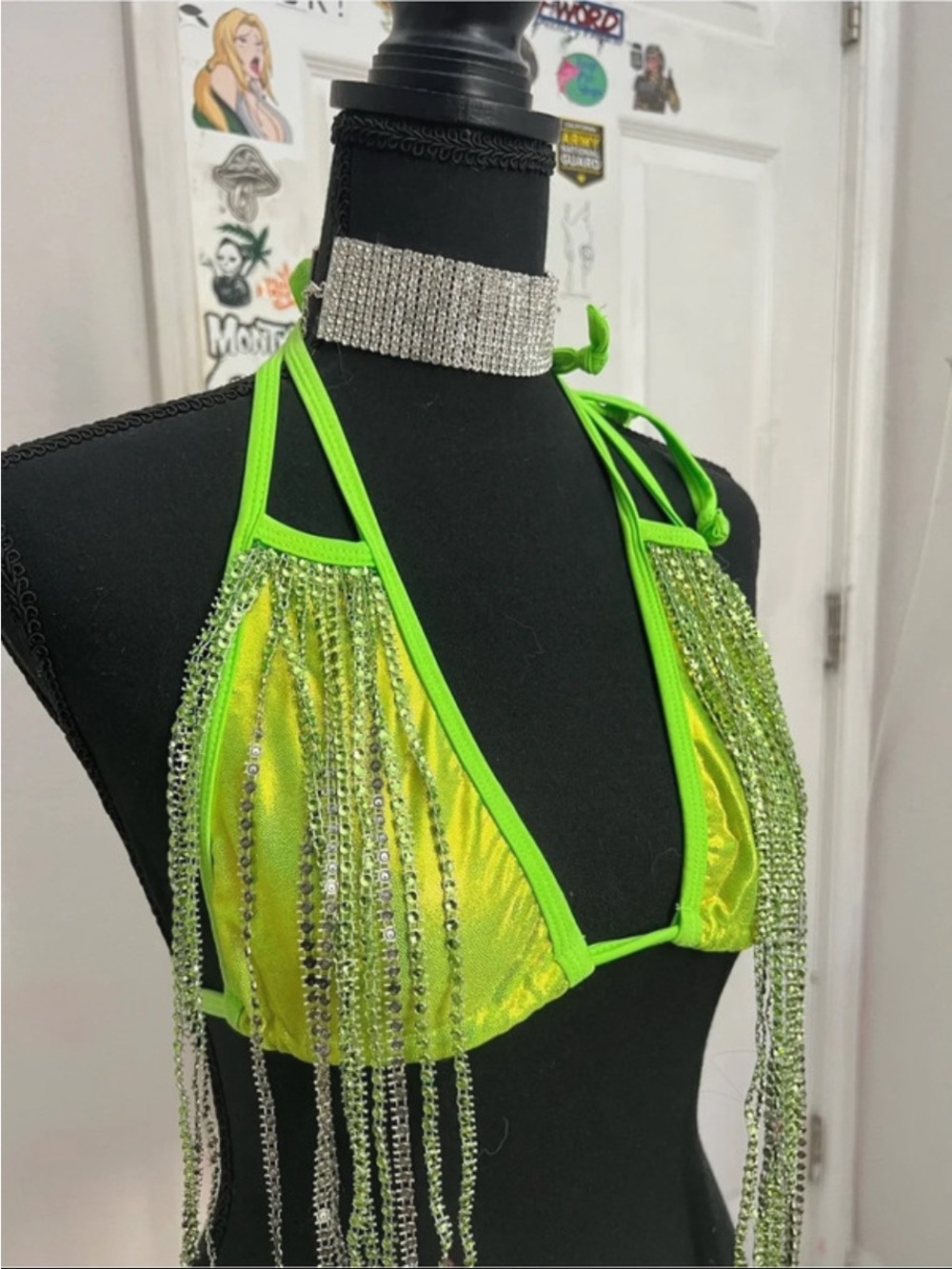 Neon Lime Fringe Rhinestone Triangle Swim Top - Women Swim